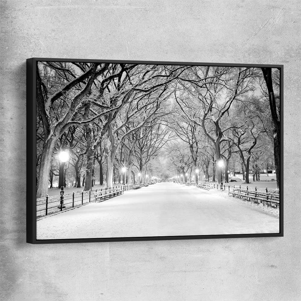 Floral print of Snowy Central Park with black framed canvas