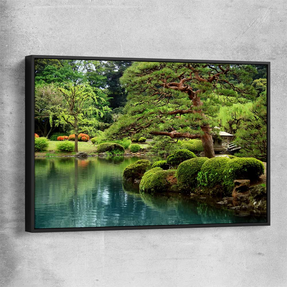 Floral print of Tokyo Bonsai Lake with black framed canvas