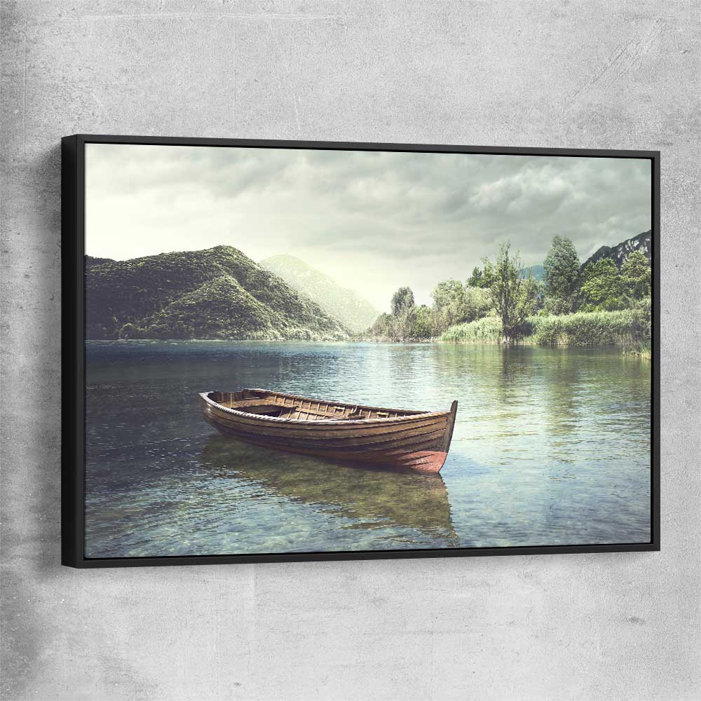 Floral print of Tranquil Wooden Boat with black framed canvas