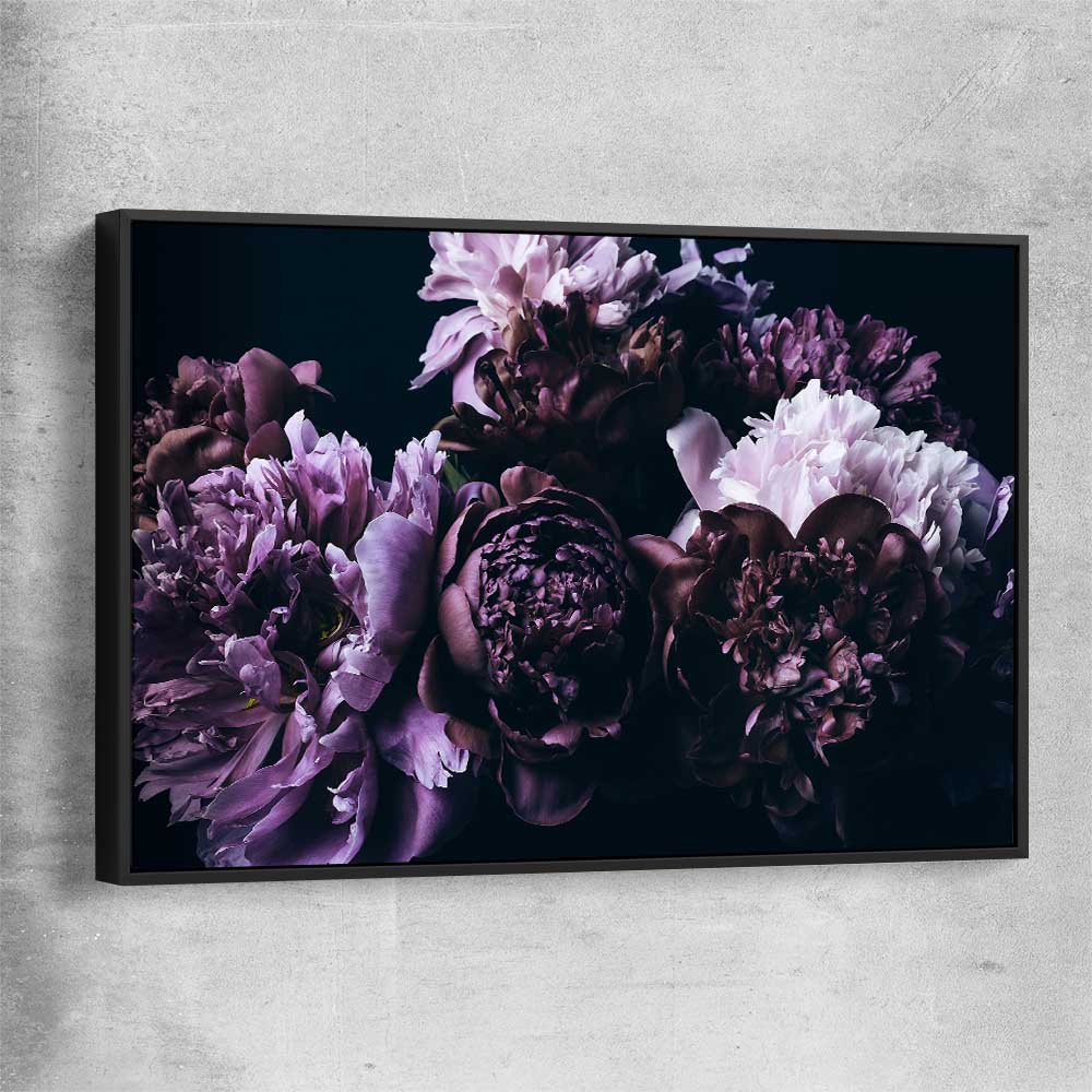 Floral print of Violet Peonies with black framed canvas