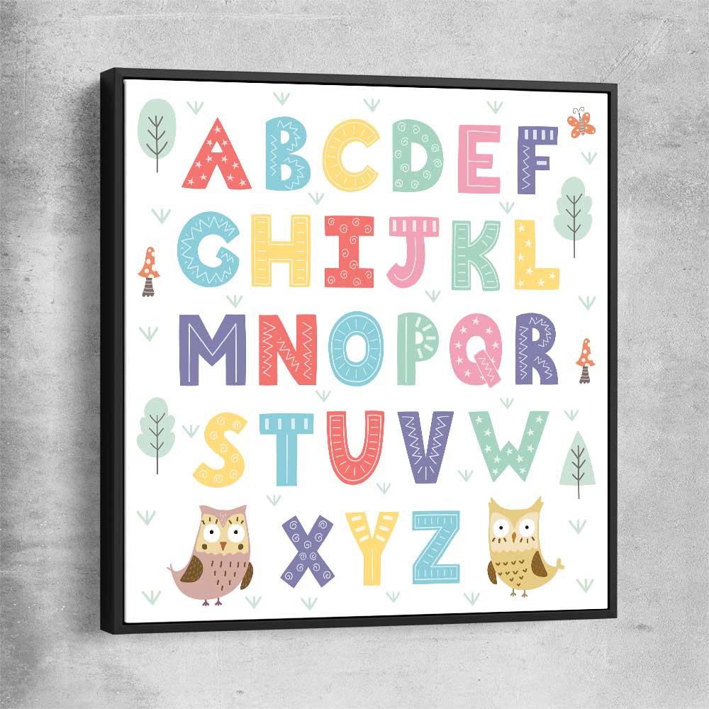 Alphabet Colours black framed canvas is a nursery canvas wall art and print suited for childrens nursery area