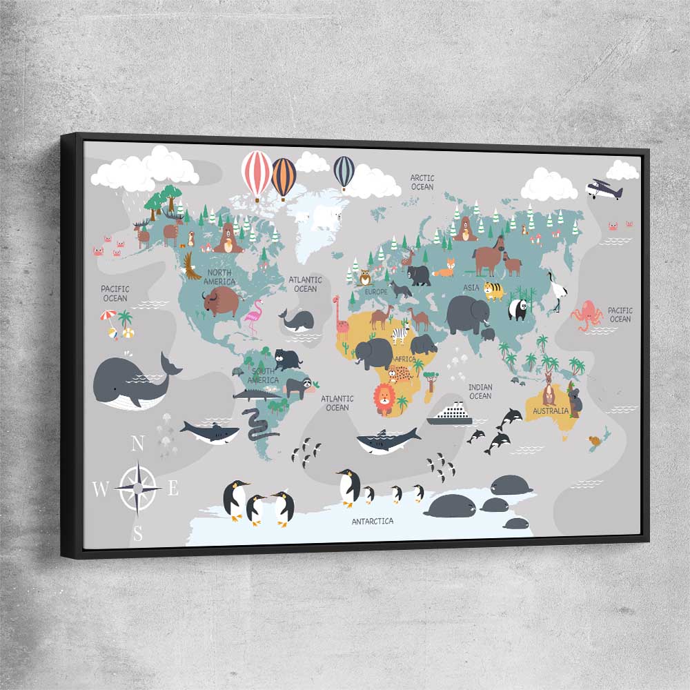 Cartoon World Map black framed canvas is a nursery canvas wall art and print suited for childrens nursery area