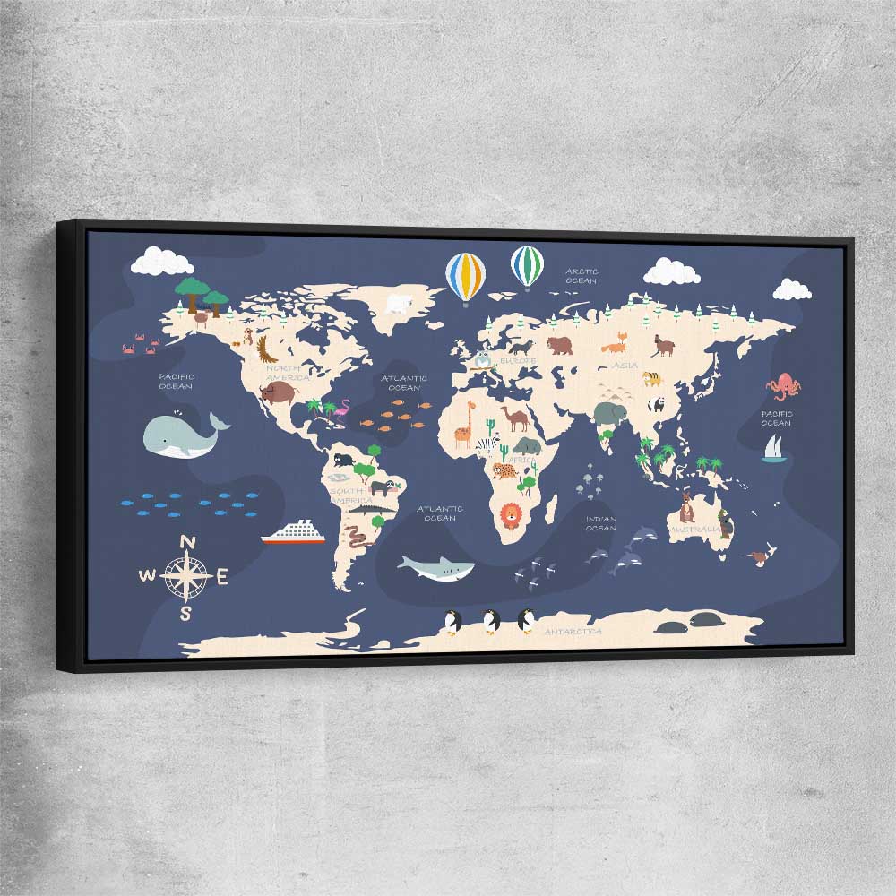 Discovery Map black framed canvas is a nursery canvas wall art and print suited for childrens nursery area