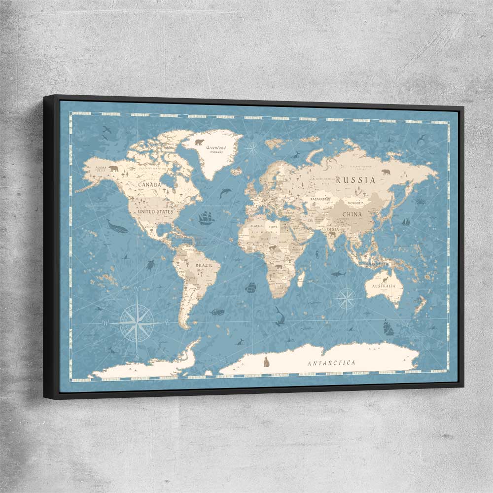 Education Map Blue black framed canvas is a nursery canvas wall art and print suited for childrens nursery area