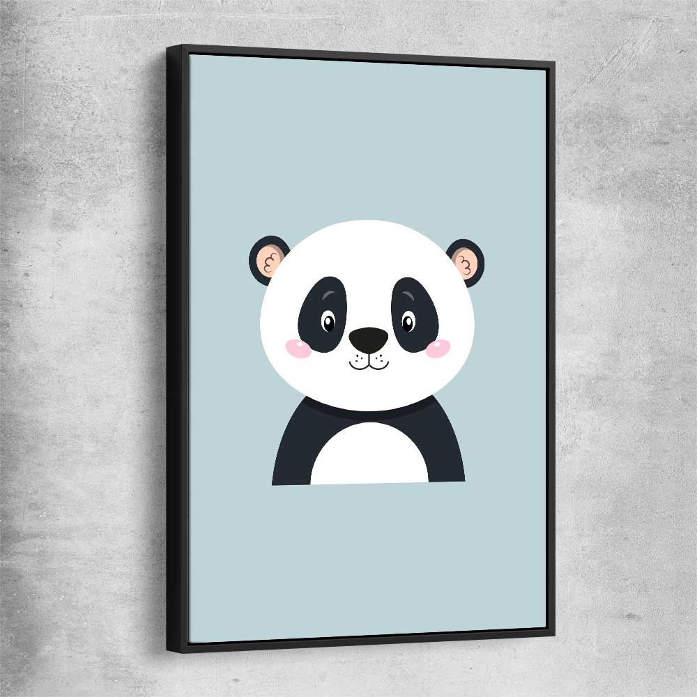 Friendly Panda black framed canvas is a nursery canvas wall art and print suited for childrens nursery area