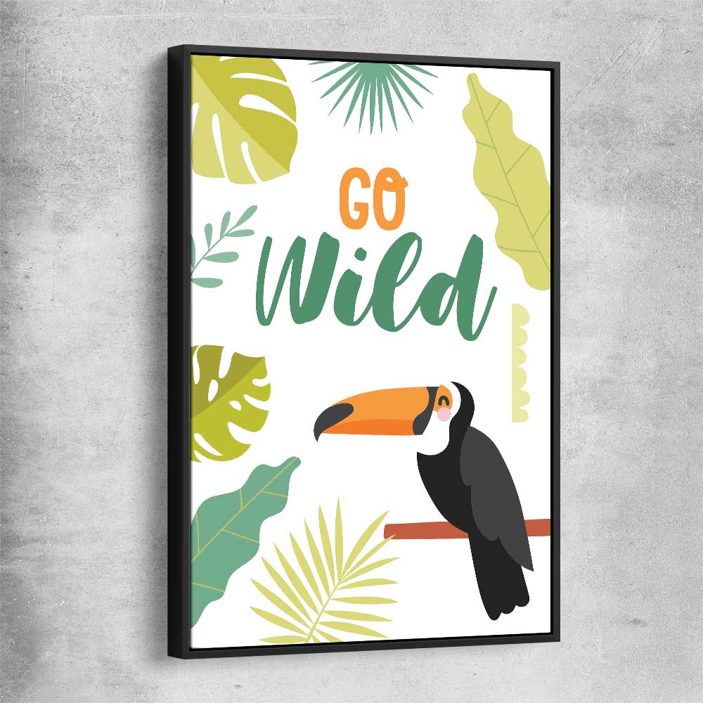 Go Wild black framed canvas is a nursery canvas wall art and print suited for childrens nursery area