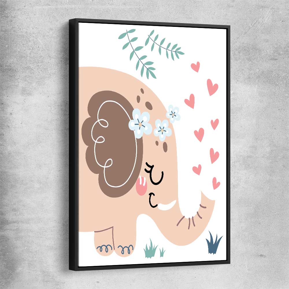 Loving Elephant black framed canvas is a nursery canvas wall art and print suited for childrens nursery area