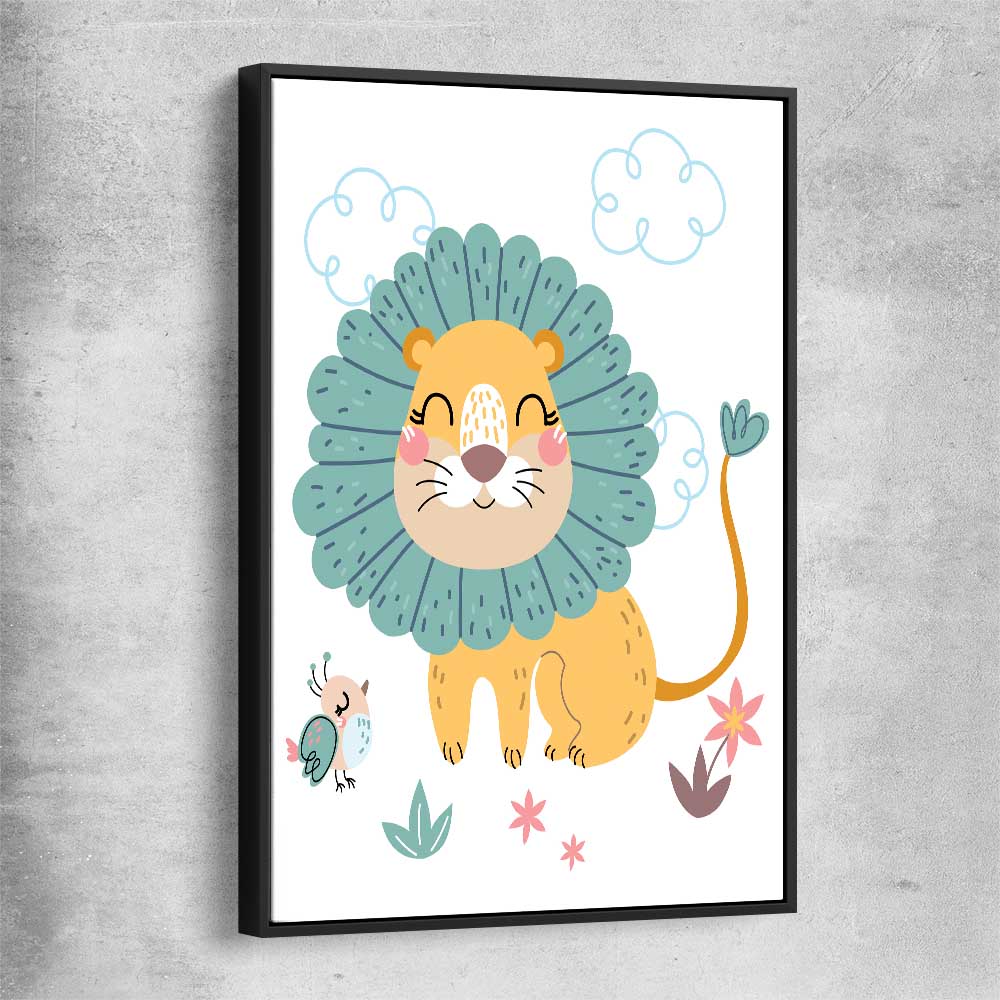 Safari Lion black framed canvas is a nursery canvas wall art and print suited for childrens nursery area