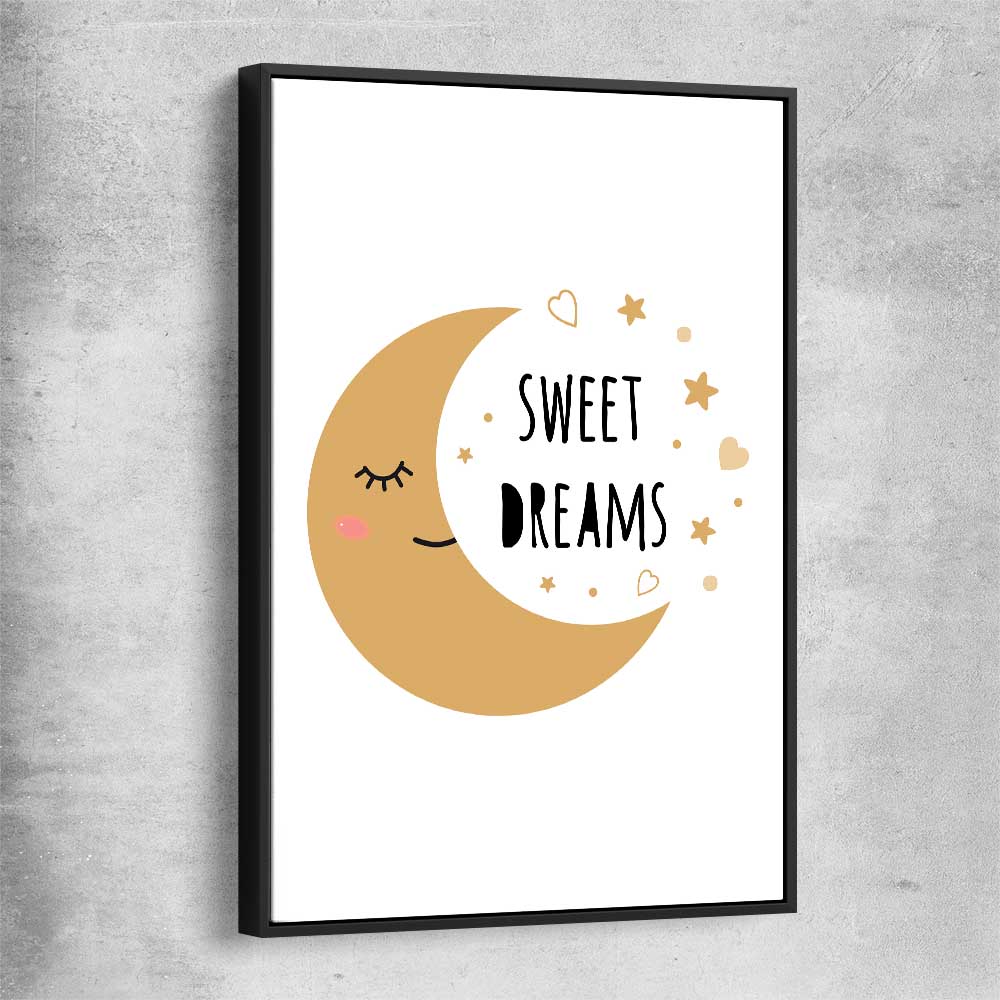 Sweet Dreams black framed canvas is a nursery canvas wall art and print suited for childrens nursery area