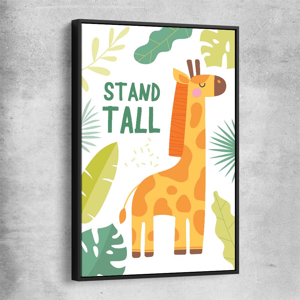 Tall Giraffe black framed canvas is a nursery canvas wall art and print suited for childrens nursery area