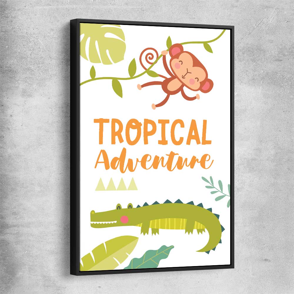 Tropical Adventure black framed canvas is a nursery canvas wall art and print suited for childrens nursery area