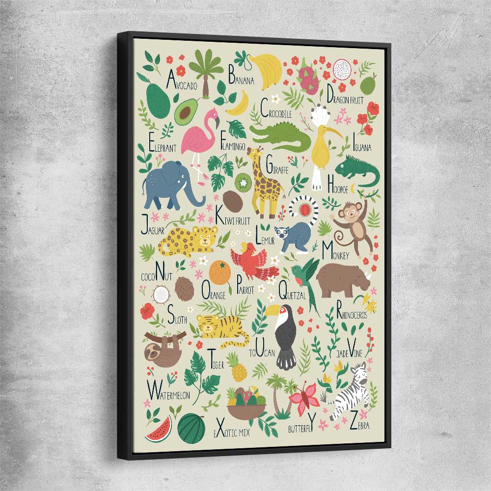 Tropical Alphabet Light black framed canvas is a nursery canvas wall art and print suited for childrens nursery area