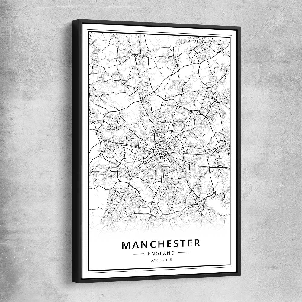Greater Manchester black framed canvas is a high quality print in our city skyline, travel prints and maps collection