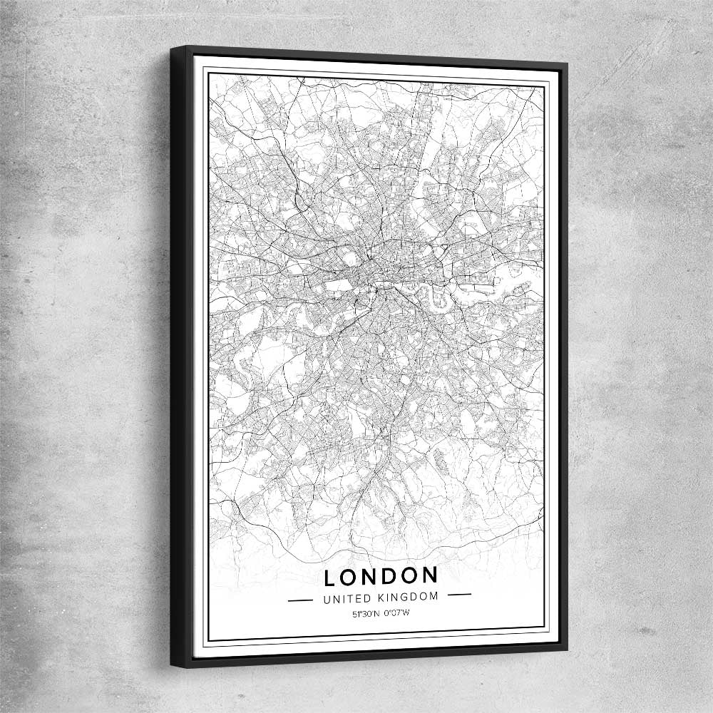 London City black framed canvas is a high quality print in our city skyline, travel prints and maps collection
