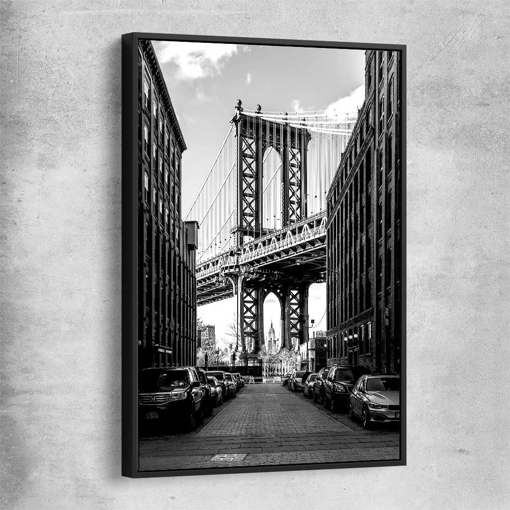 Manhattan Bridge black framed canvas is a high quality print in our city skyline, travel prints and maps collection