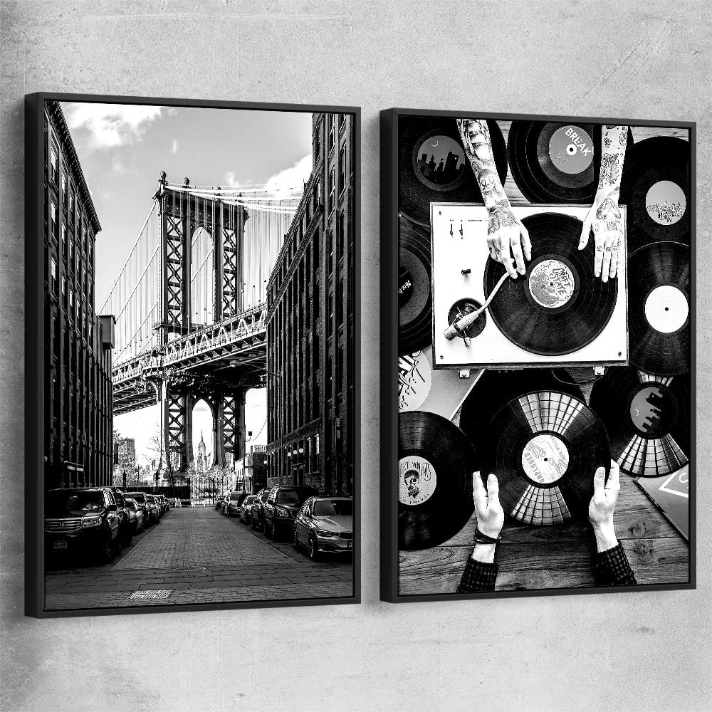 Manhattan Bridge Pair black framed canvas is a high quality print in our city skyline, travel prints and maps collection