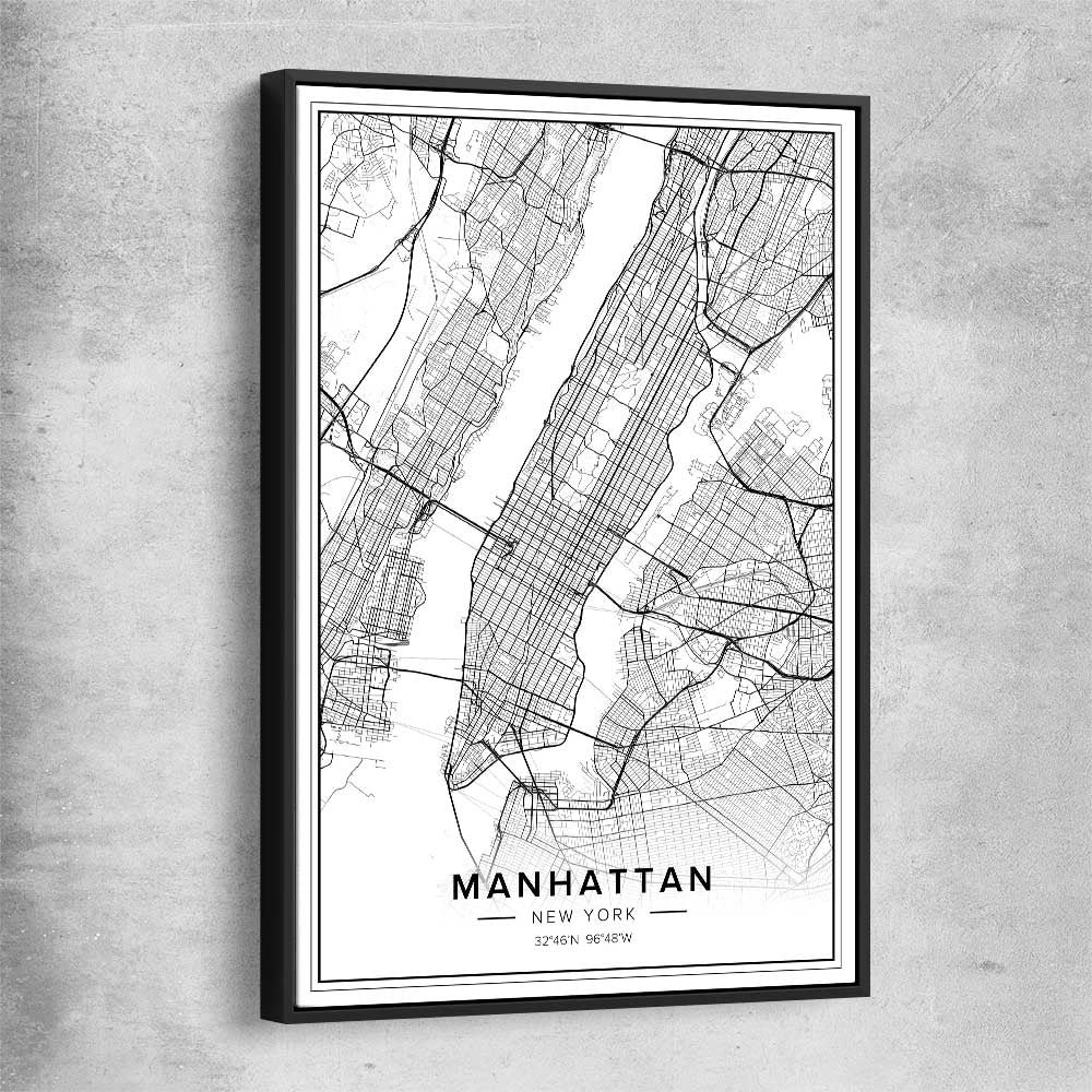 Manhattan City black framed canvas is a high quality print in our city skyline, travel prints and maps collection