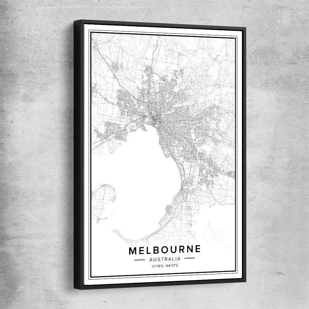 Melbourne City black framed canvas is a high quality print in our city skyline, travel prints and maps collection