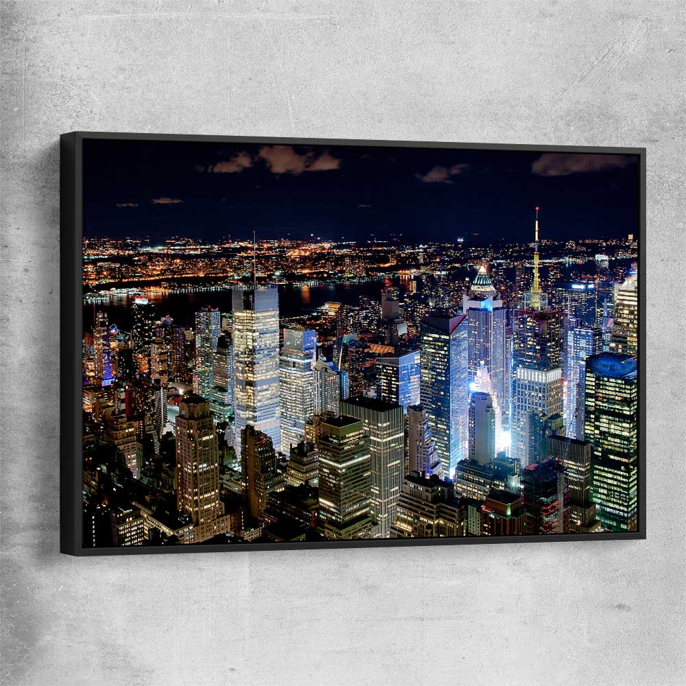 New York Glow black framed canvas is a high quality print in our city skyline, travel prints and maps collection