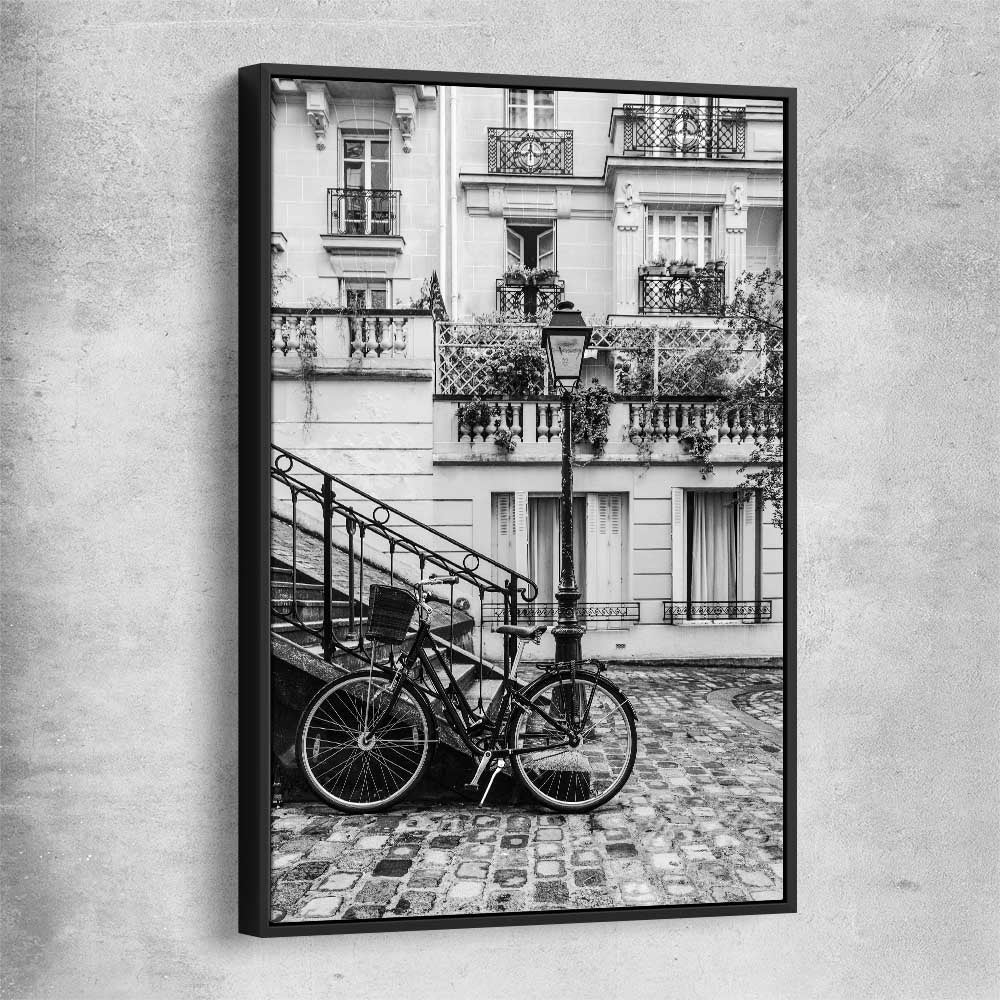 Paris Bicycle black framed canvas is a high quality print in our city skyline, travel prints and maps collection