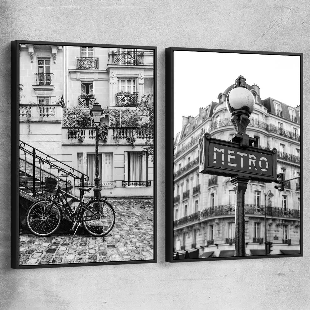 Paris Bicycle Pair black framed canvas is a high quality print in our city skyline, travel prints and maps collection