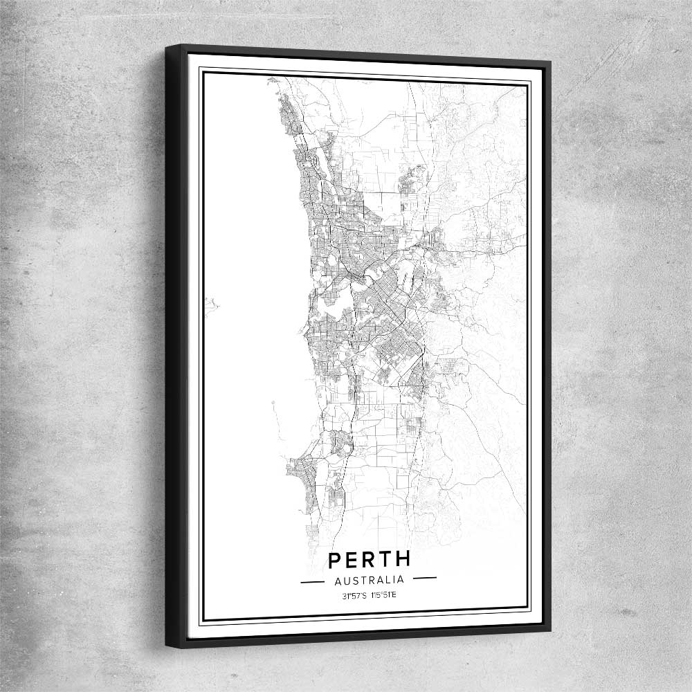 Perth City black framed canvas is a high quality print in our city skyline, travel prints and maps collection