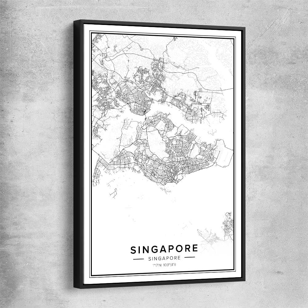 Singapore City black framed canvas is a high quality print in our city skyline, travel prints and maps collection