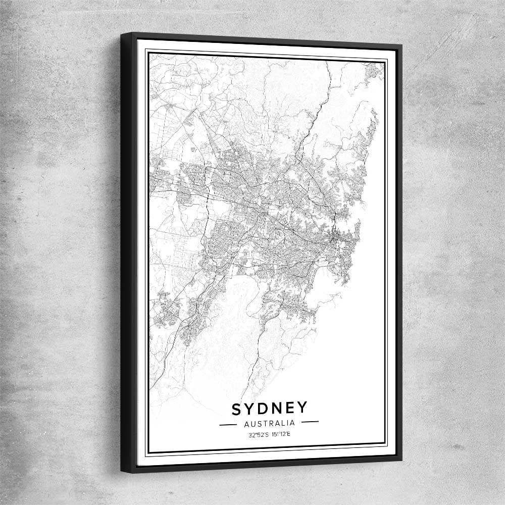 Sydney City black framed canvas is a high quality print in our city skyline, travel prints and maps collection