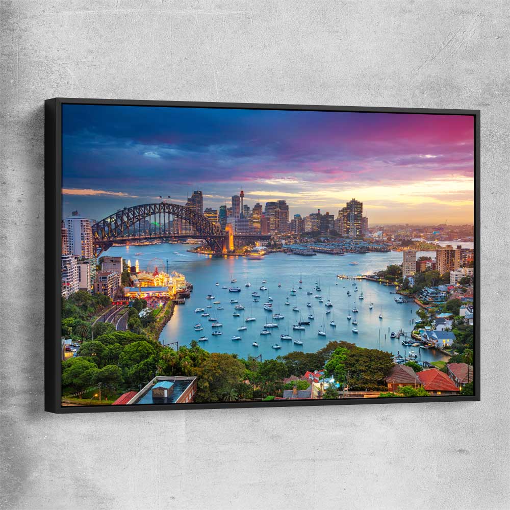 Sydney Sunset black framed canvas is a high quality print in our city skyline, travel prints and maps collection