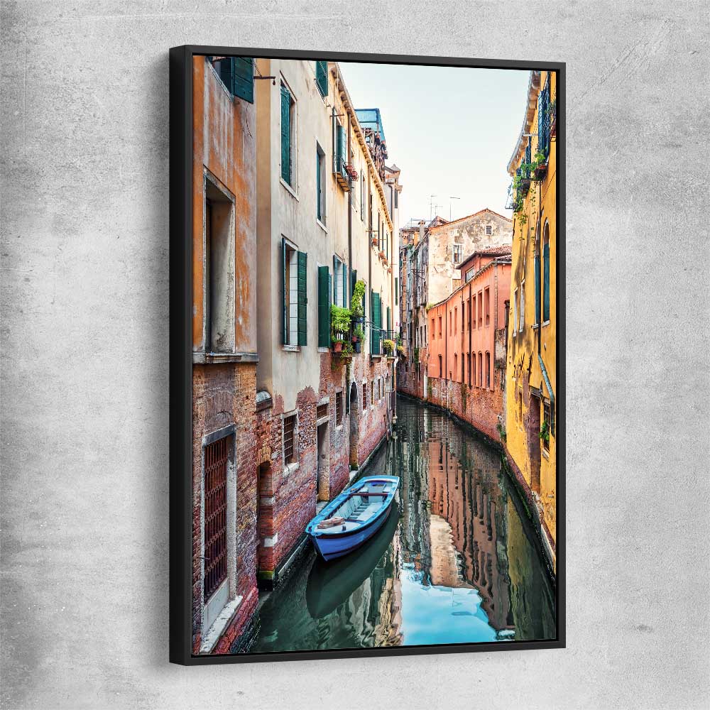Venice Streets black framed canvas is a high quality print in our city skyline, travel prints and maps collection
