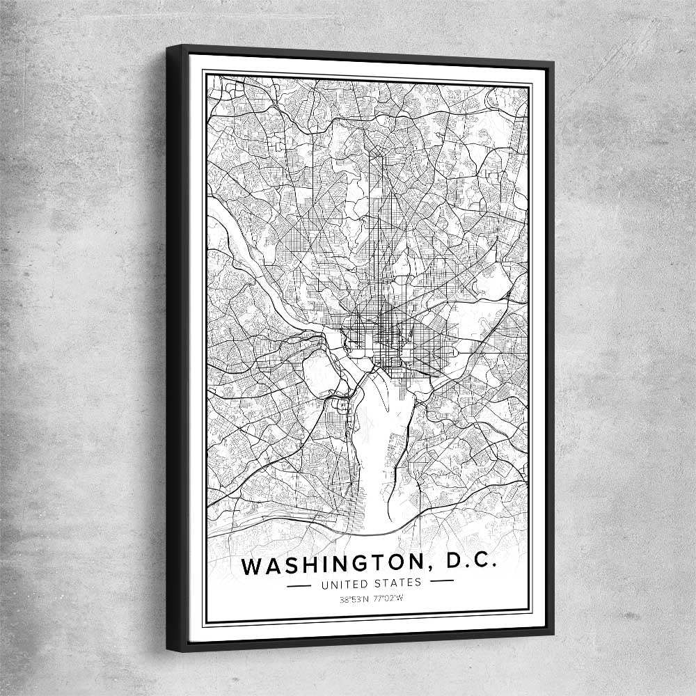 Washington City black framed canvas is a high quality print in our city skyline, travel prints and maps collection