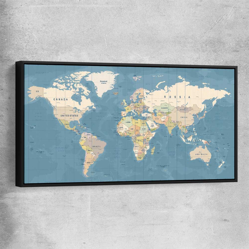 World Map black framed canvas is a high quality print in our city skyline, travel prints and maps collection