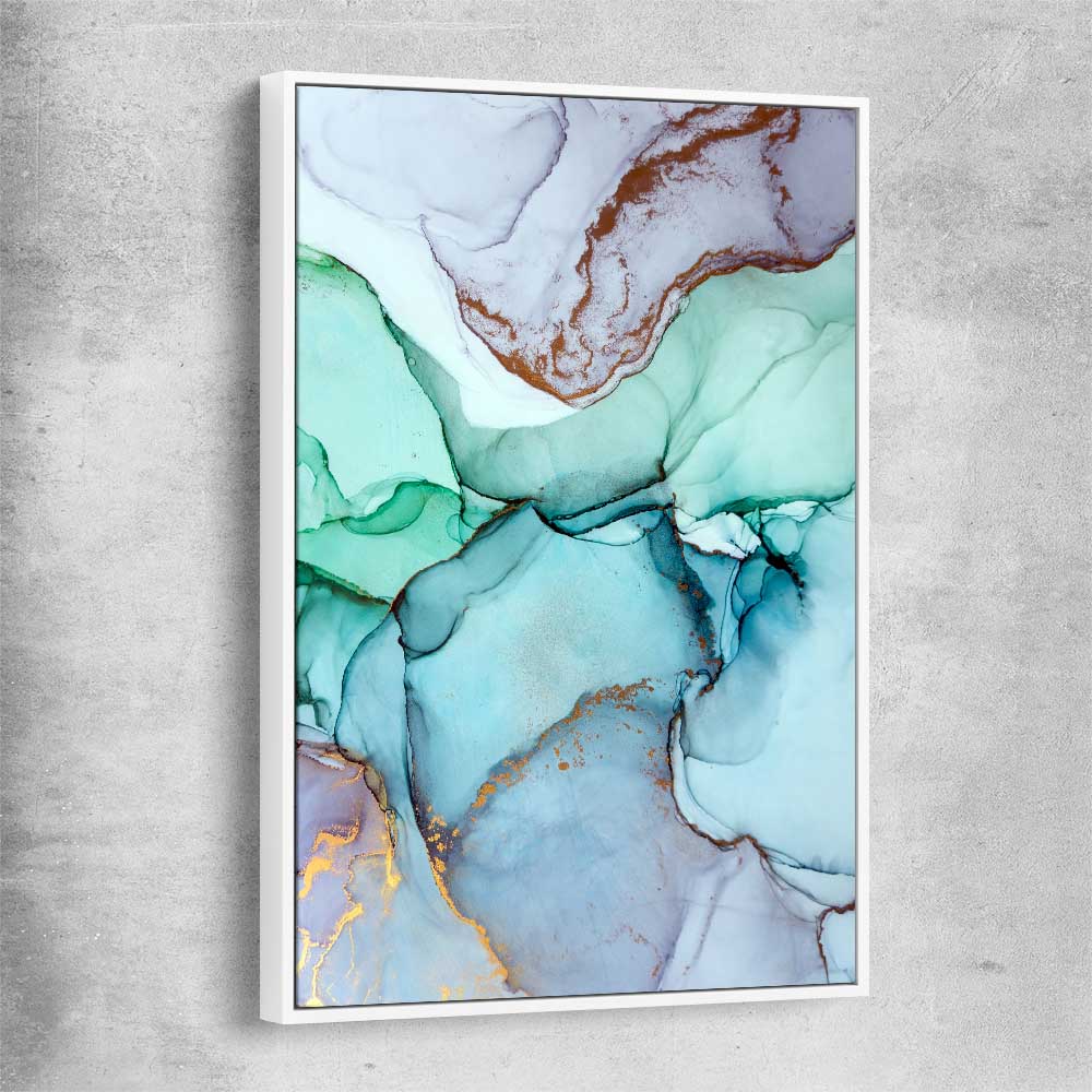 Aqua Gold white framed canvas - part of our high quality canvas abstract wall art collection