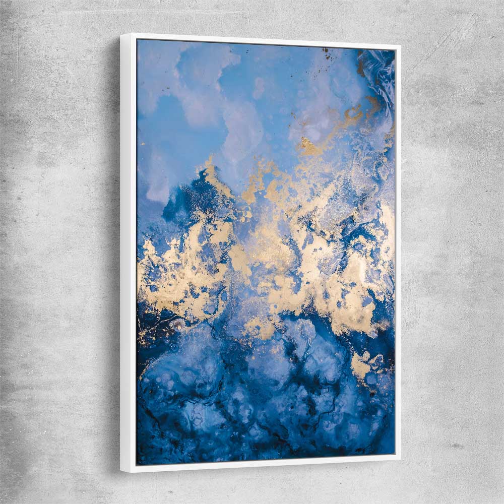 Blue and Gold Flow white framed canvas - part of our high quality canvas abstract wall art collection