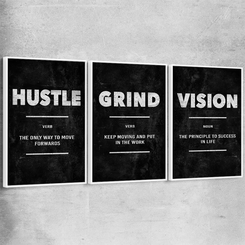 Inspirational wall art print of Hustle Definition Set with white framed canvas