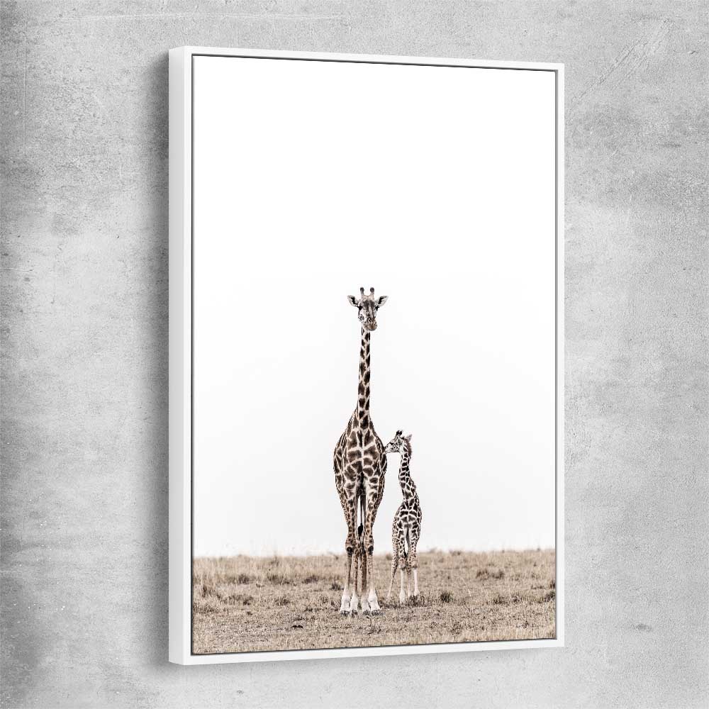 Animal wall art and canvas prints of Giraffe Affection with white framed canvas