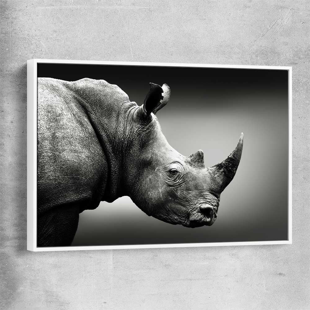 Animal wall art and canvas prints of Monochrome Rhinoceros with white framed canvas