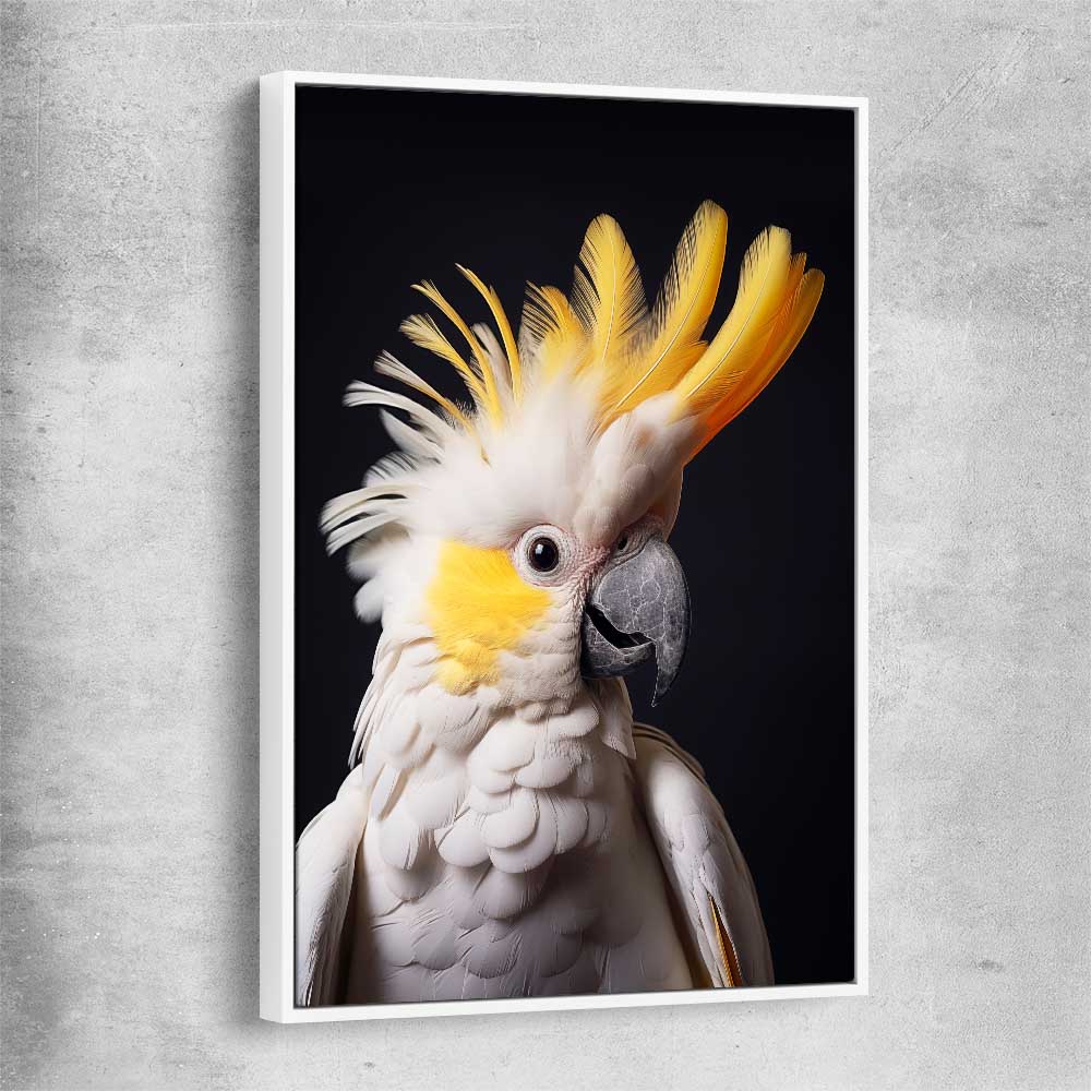 Animal wall art and canvas prints of Yellow Cockatoo One with white framed canvas