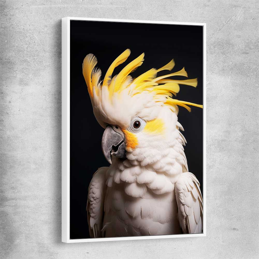 Animal wall art and canvas prints of Yellow Cockatoo Two with white framed canvas