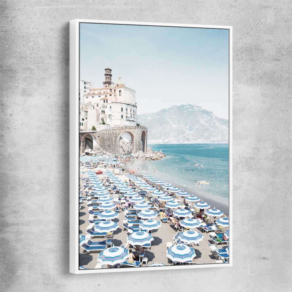 Beach and coastal wall art print of Amalfi Coast with white framed canvas