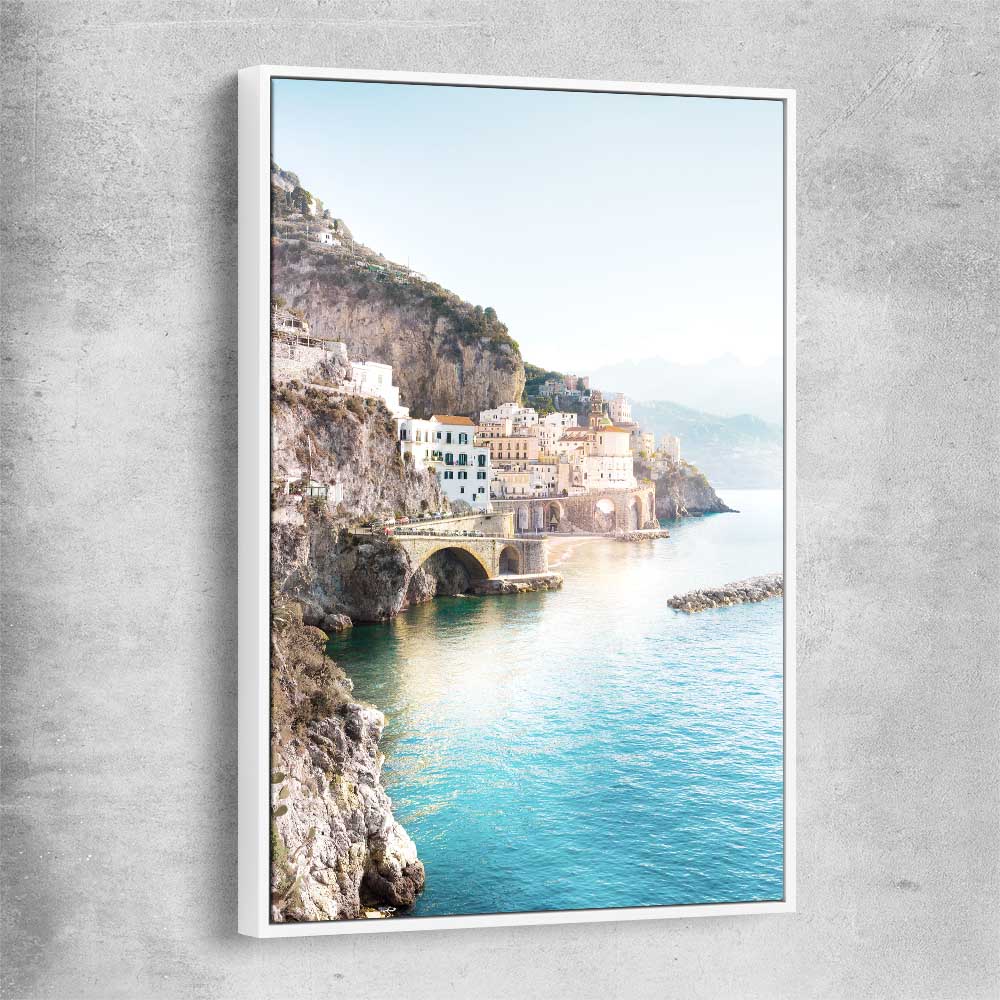 Beach and coastal wall art print of Amalfi Edge with white framed canvas