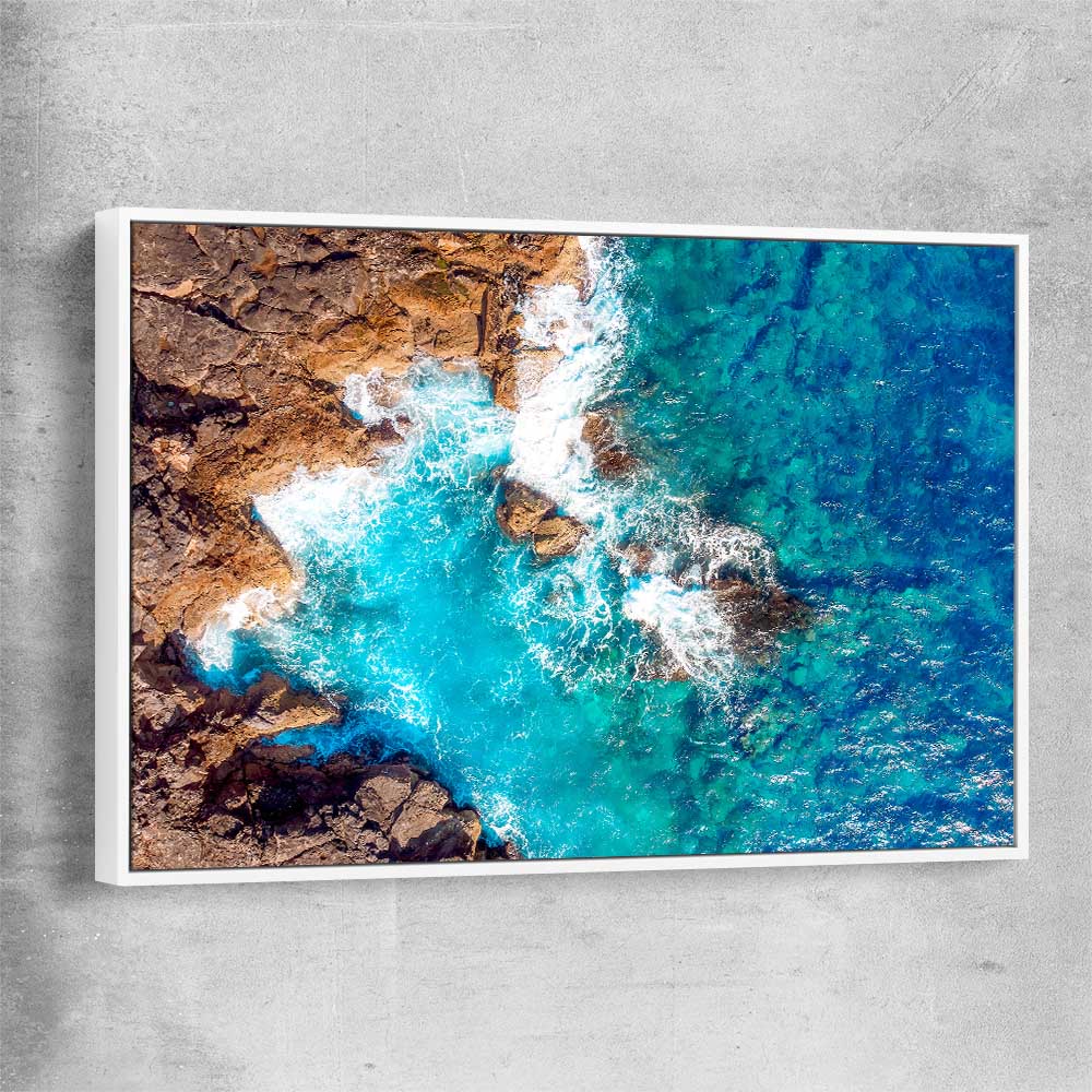 Beach and coastal wall art print of Azure Blue Sea with white framed canvas