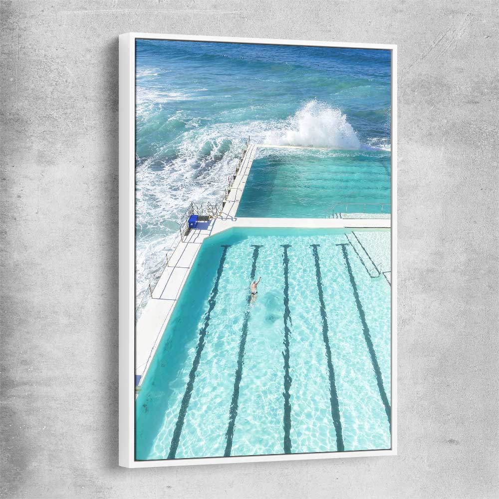 Beach and coastal wall art print of Bondi Iceberg with white framed canvas