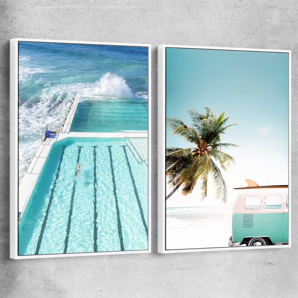 Beach and coastal wall art print of Bondi Iceberg Pair with white framed canvas