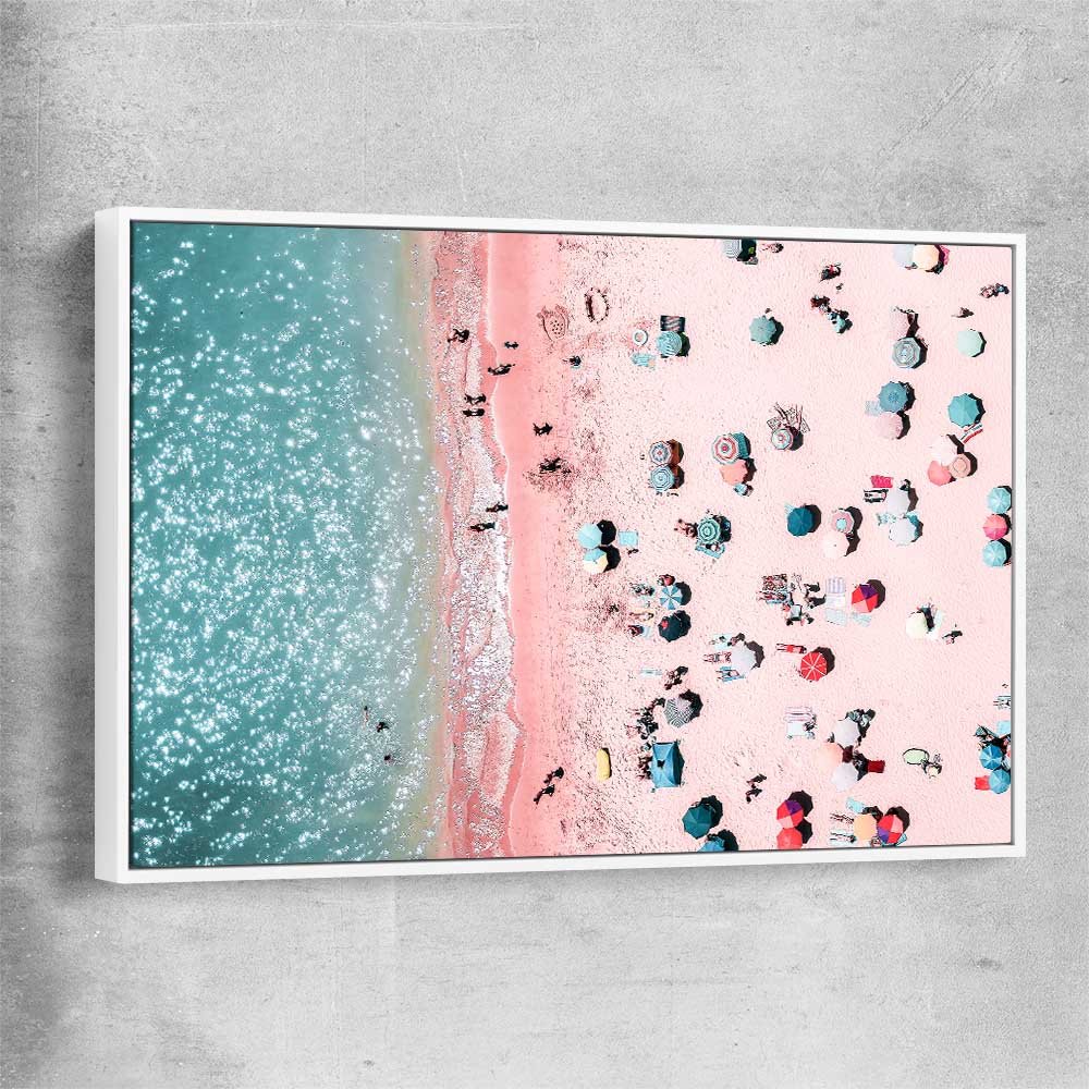 Beach and coastal wall art print of Bondi Pink Aerial with white framed canvas