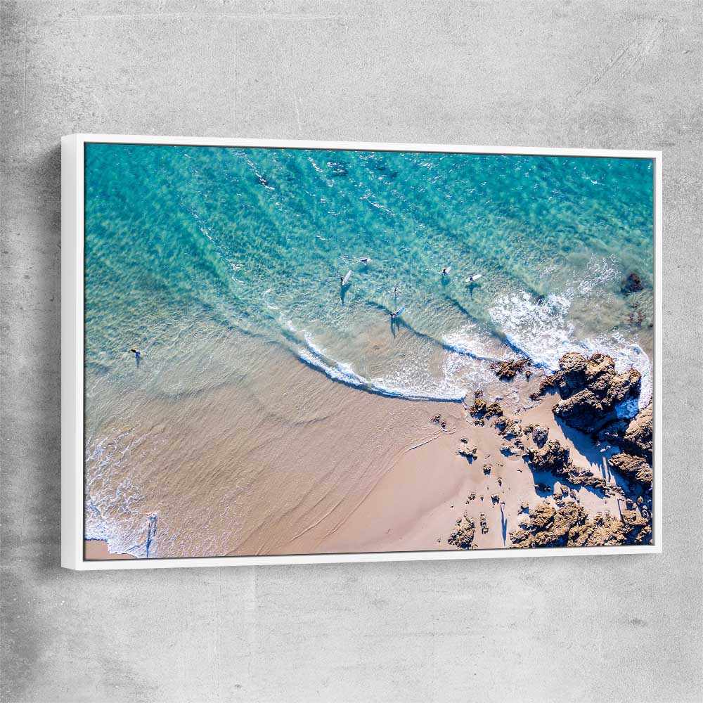 Beach and coastal wall art print of Byron Bay Rocks with white framed canvas