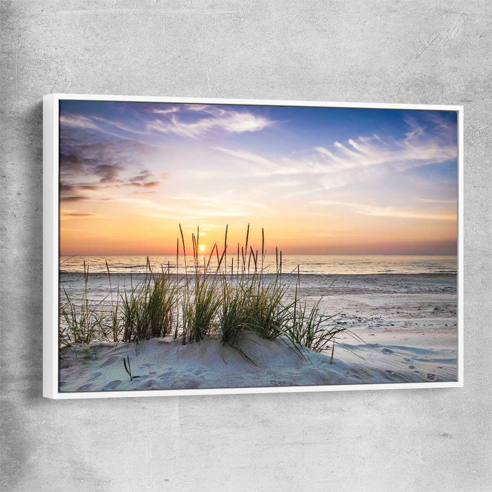 Beach and coastal wall art print of Calming Sunset with white framed canvas