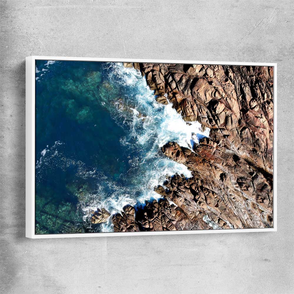 Beach and coastal wall art print of Canal Rocks One with white framed canvas