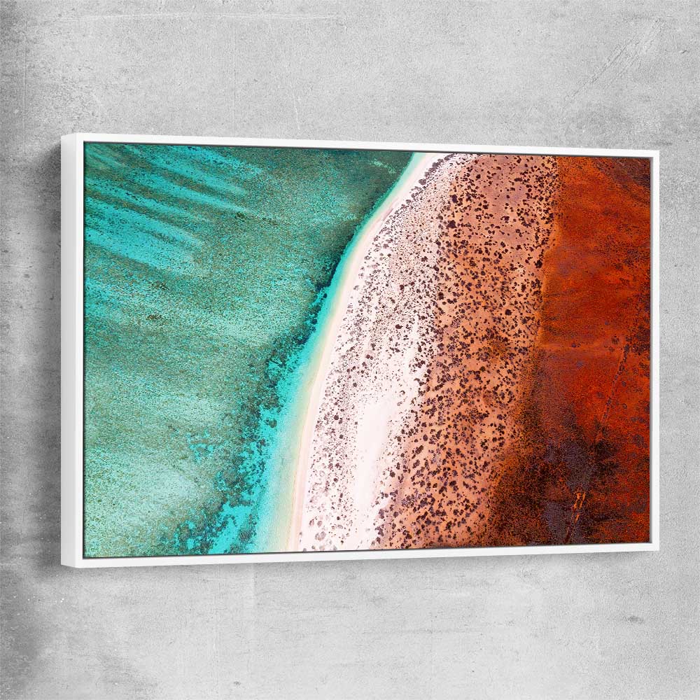 Beach and coastal wall art print of Cape Range Aerial with white framed canvas