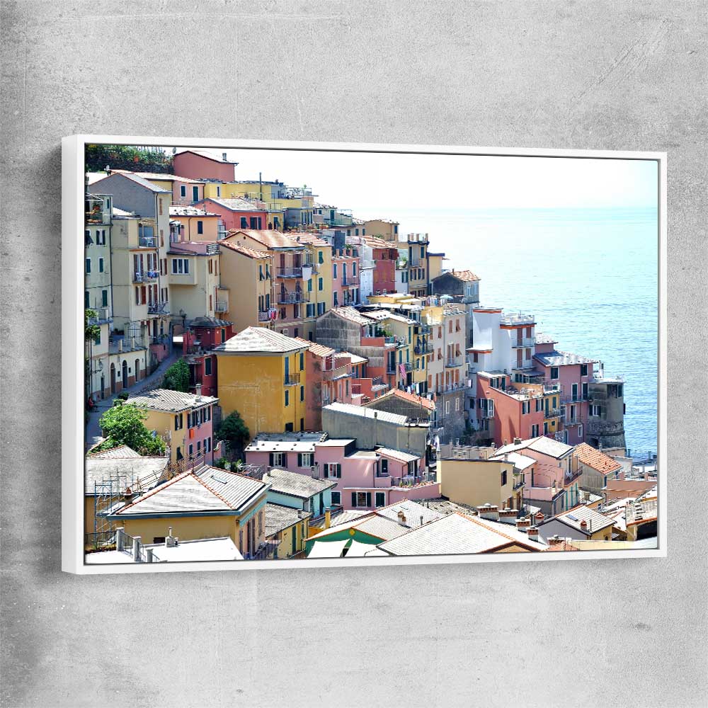 Beach and coastal wall art print of Cinque Terre with white framed canvas